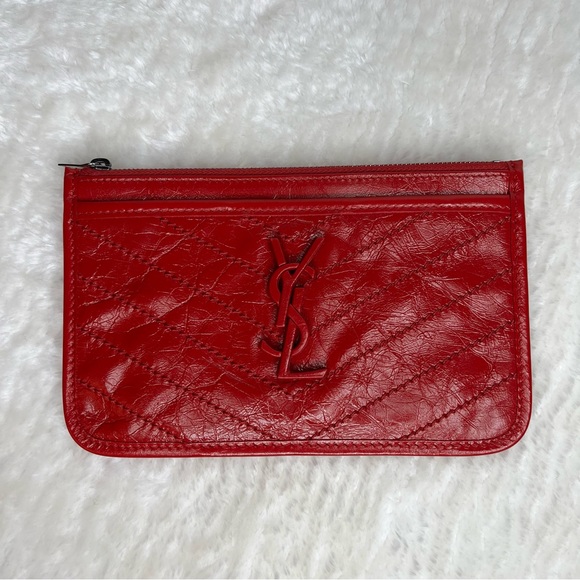 Saint Laurent Red Crinkled Leather Niki Bill Pouch Wallet - Picture 2 of 10